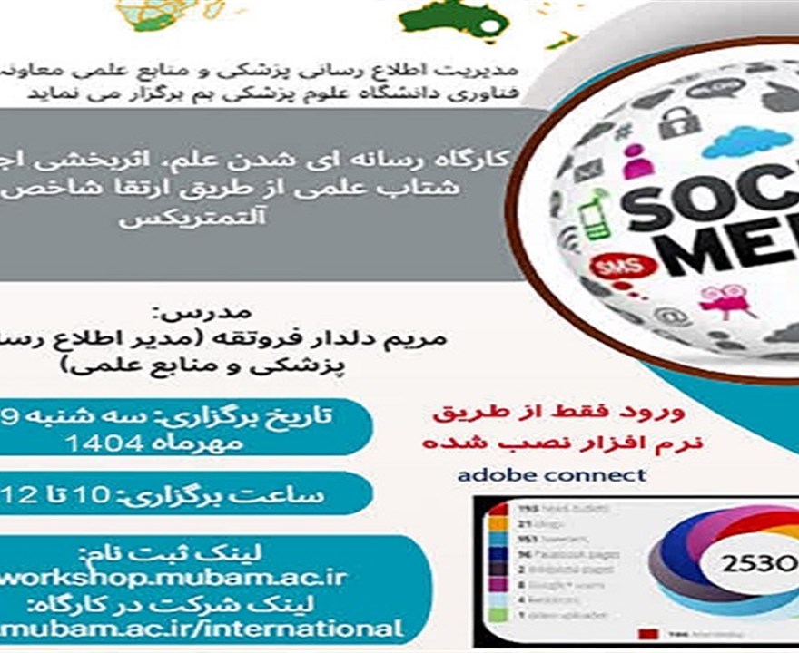 برگزاری کارگاه رسانه ای شدن علم، اثربخشی اجتماعی و شتاب علمی از طریق ارتقا شاخص های آلتمتریکس